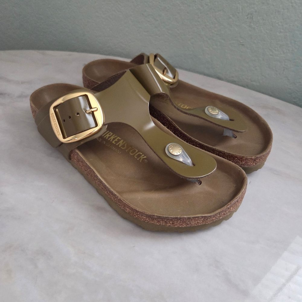 Birkenstock Olive Green Sandals with Gold Buckle